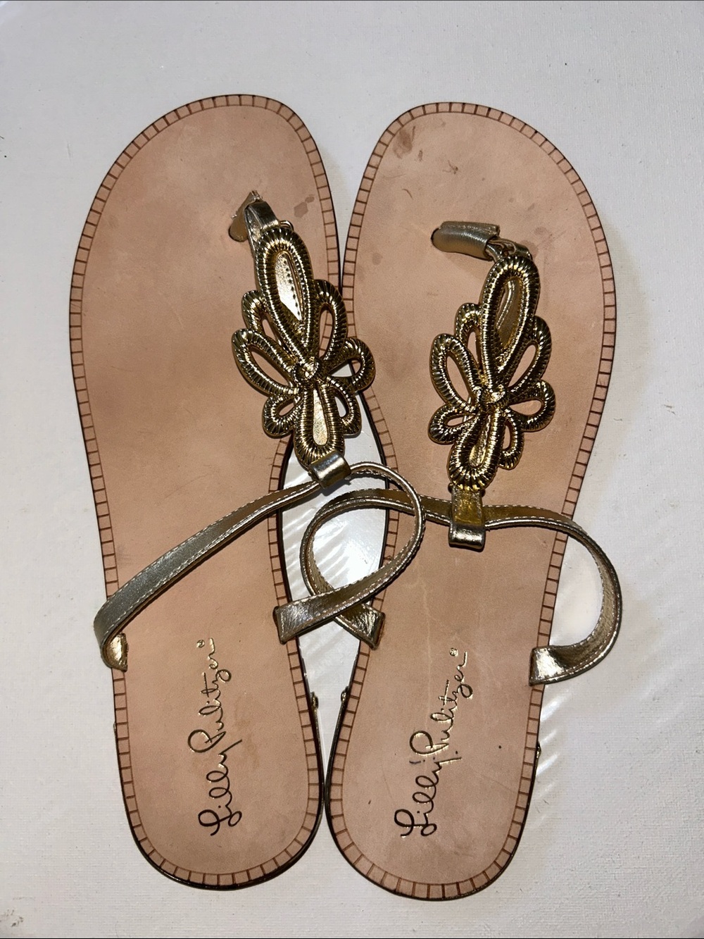 Lilly Pulitzer Metallic Gold Floral T-Strap Sandals